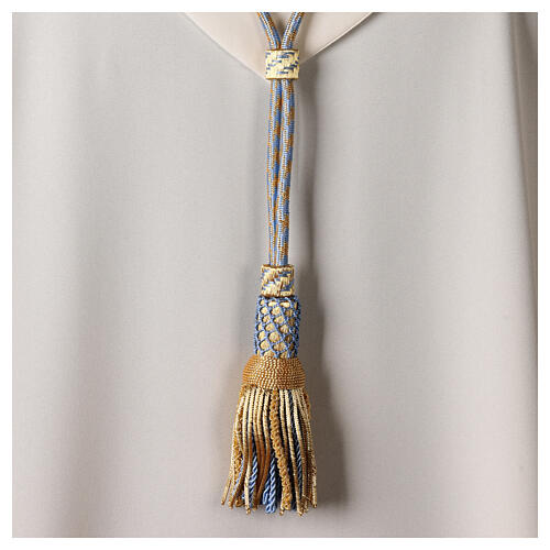 Pectoral cross cord with tassel, light blue and gold 3