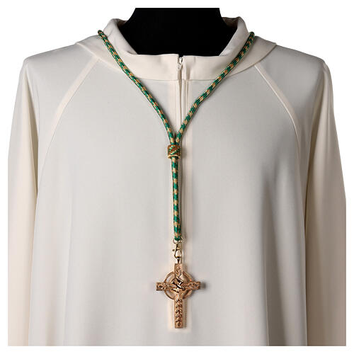 Pectoral cross cord with tassel, mint green and gold 2