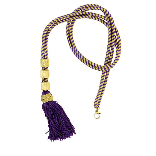 Cordão bicolor ouro e roxo para cruz peitoral com nó de Salomão e presilhas 1