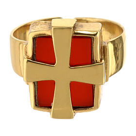 Bishop's adjustable ring with cross and carnelian stone, gold plated 925 silver