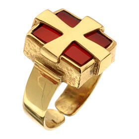 Adjustable cross and carnelian ring in 925 silver, golden finish
