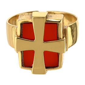 Adjustable cross and carnelian ring in 925 silver, golden finish