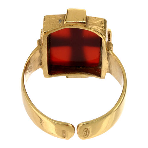 Adjustable cross and carnelian ring in 925 silver, golden finish 4