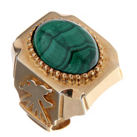 Bishop's adjustable ring with Dove, Alpha and Omega, malachite and gold plated 925 silver