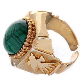 Bishop's adjustable ring with Dove, Alpha and Omega, malachite and gold plated 925 silver