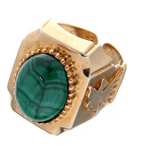 Bishop's adjustable ring with Dove, Alpha and Omega, malachite and gold plated 925 silver 3