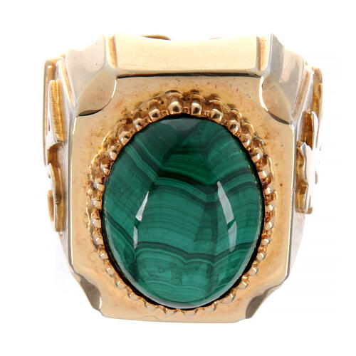 Bishop's adjustable ring with Dove, Alpha and Omega, malachite and gold plated 925 silver 4