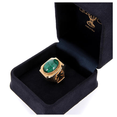 Bishop's adjustable ring with Dove, Alpha and Omega, malachite and gold plated 925 silver 6
