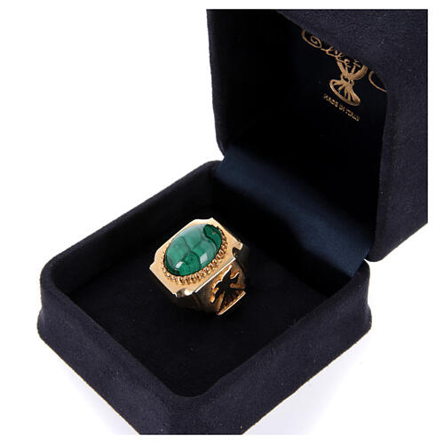 Anello ''Colomba-Alfa e Omega'' malachite argento 925 dorato regolabile 6