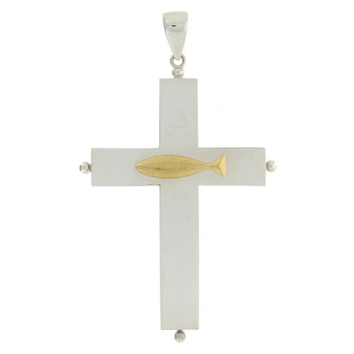Openable pectoral cross with reliquary, 925 silver, gold plated fish 1
