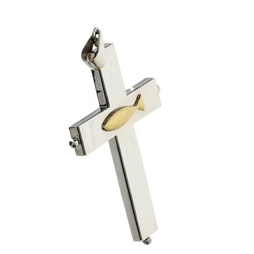 Openable pectoral cross with reliquary, 925 silver, gold plated fish 2
