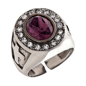 Bishop's ring with crosses, amethyst and crystals, 925 silver