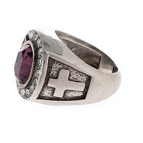 Bishop's ring with crosses, amethyst and crystals, 925 silver