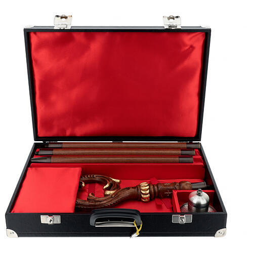 Carved wood crosier with gold details, with case and holy oil stock 10