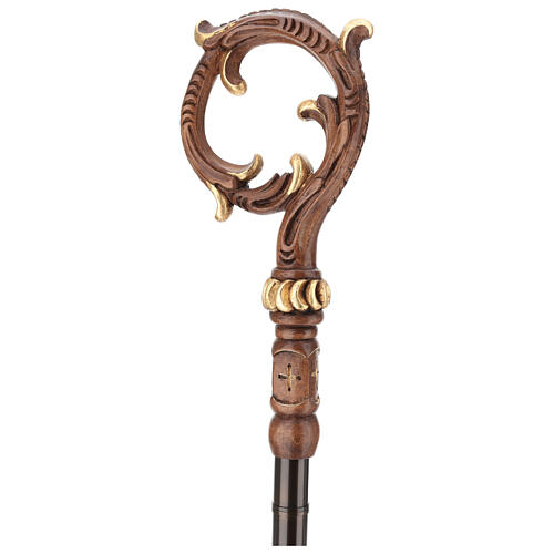 Carved wood pastoral staff with gold finishes, includes case and holy oil stock 1