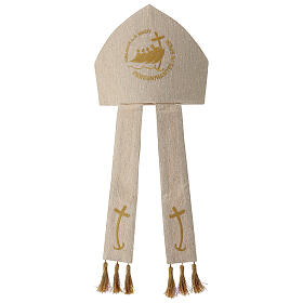 White and gold mitre with embroidered golden cross and anchor for Jubilee 2025