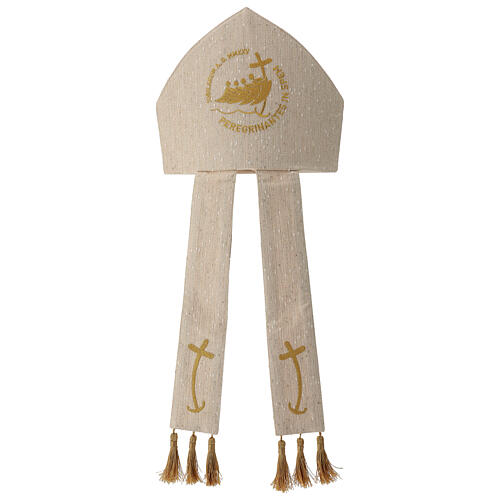 Mitre blanche et or broderie dorée croix ancre Jubilé 2025 1
