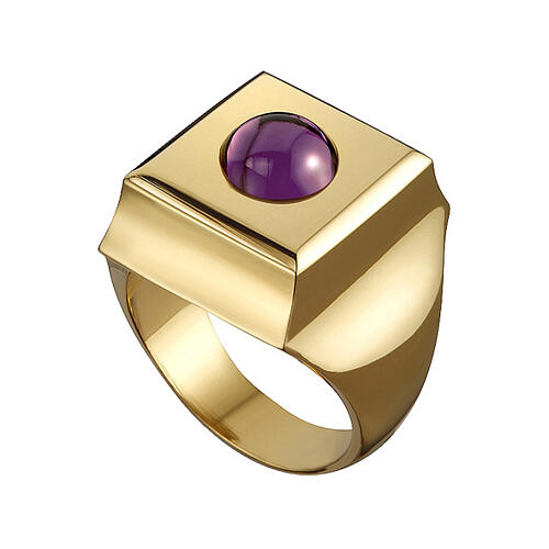 Anello vescovile Molina quadrato con gemma viola argento placcato oro 1