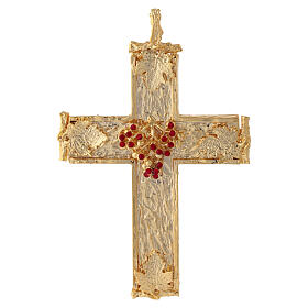 Pectoral cross with grape cluster, 5x3 in, 18K gold-plated brass with red crystals Pical Arte Creazioni