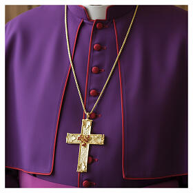 Pectoral cross with grape cluster, 5x3 in, 18K gold-plated brass with red crystals Pical Arte Creazioni