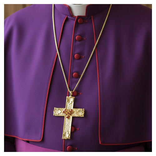 Pectoral Cross 11.5 x 7.5 cm, Brass with 18 kt Gold Plating, Grape Cluster with Red Crystals Pical Arte Creazioni 2