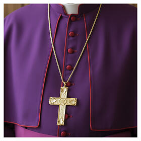 Pectoral cross with JHS, 4.5x3 in, 18 kt gold-plated brass, Pical Arte