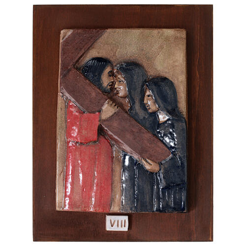 Via Crucis 14 stazioni maiolica pastello su legno ciliegio 10
