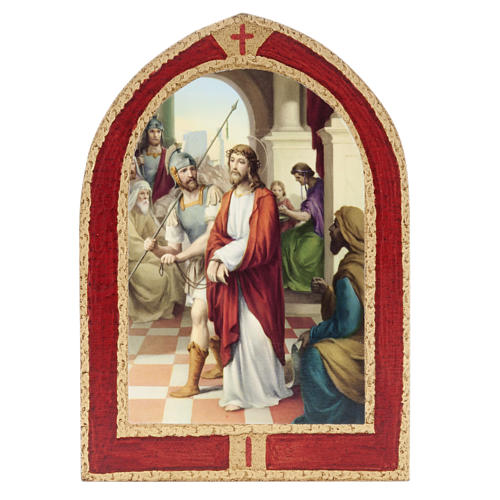 Way of the Cross printed on wood with a red frame, 15 stations 1