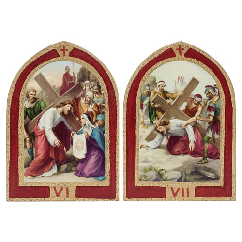 Way of the Cross printed on wood with a red frame, 15 stations 6
