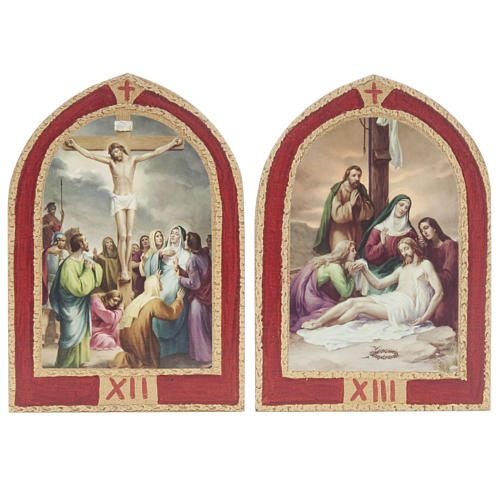 Way of the Cross printed on wood with a red frame, 15 stations 9
