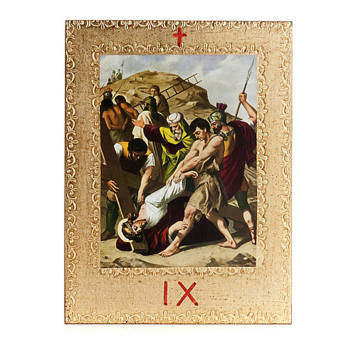 Way of the Cross printed on wood framed in gold, 15 stations 11