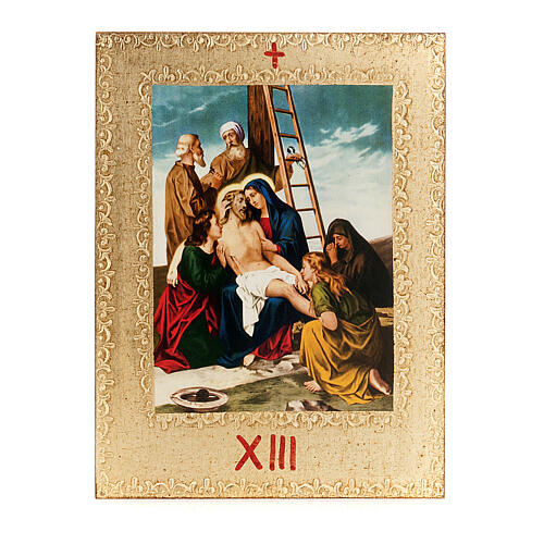 Way of the Cross printed on wood framed in gold, 15 stations 15