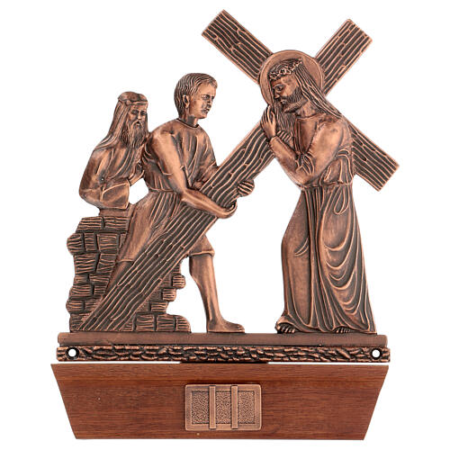 Vía Crucis bronce cobrizo 15 estaciones base madera 3