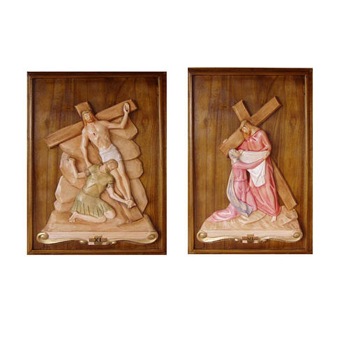 Vía Crucis 15 estaciones relieve madera pintada con marco 65x43 cm 1