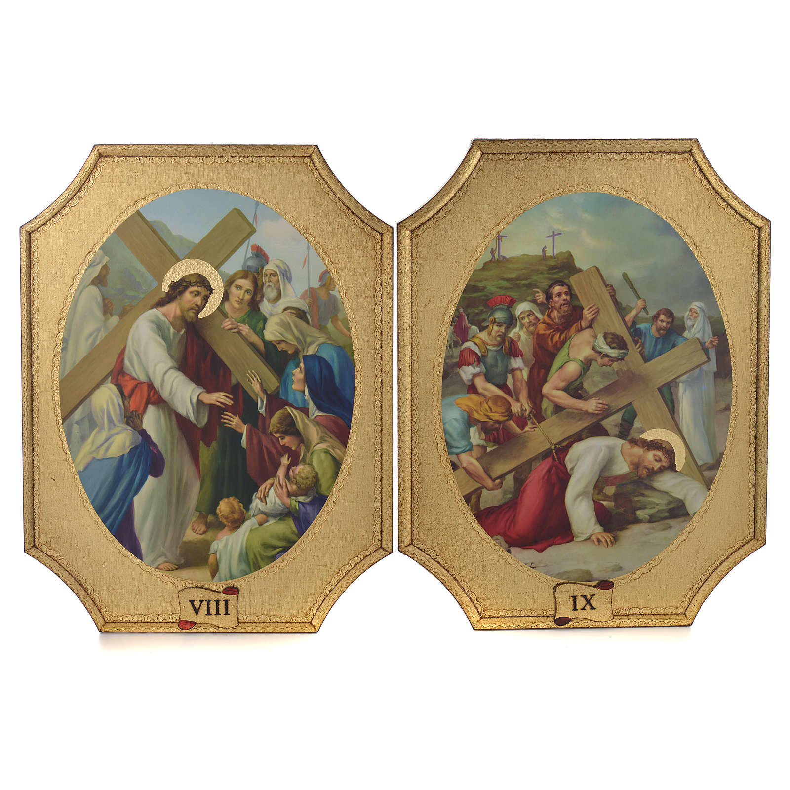 Kreuzweg 15 Stationen mit litographischem Druck Holz und Blattgold 52