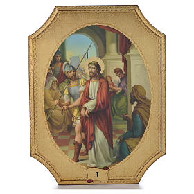 Droga Krzyżowa 15 obrazów na drewnie nacięte rogi listek złota 52.5x35 cm