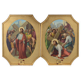 Droga Krzyżowa 15 obrazów na drewnie nacięte rogi listek złota 52.5x35 cm