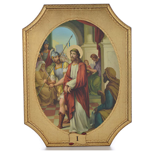Way of the cross with 15 stations on wood with gold foil 52.5x35cm 1