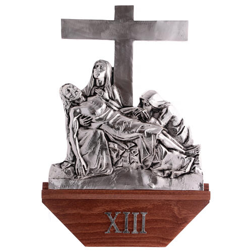 Way of the cross, 15 stations in silver brass with wooden capital 14