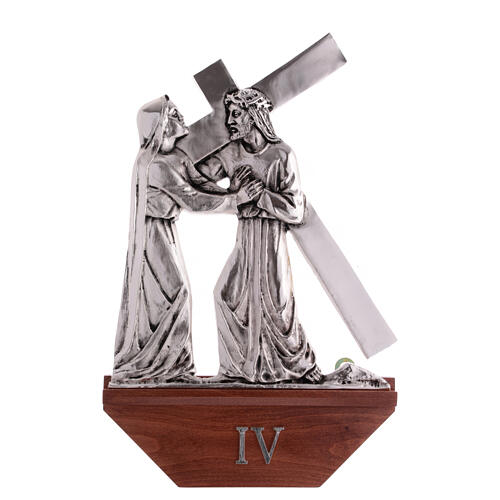 Vía Crucis latón plateado 15 estaciones capitel madera 30x50 cm 5