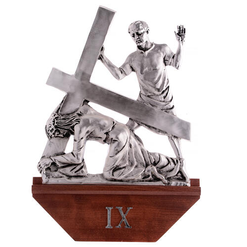 Vía Crucis latón plateado 15 estaciones capitel madera 30x50 cm 10