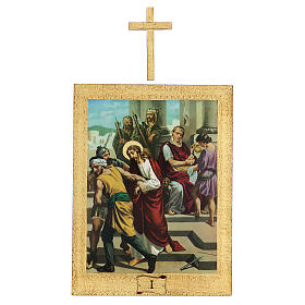 Kreuzweg, Papierdruck auf Holztafel, mit Kreuzen, 15 Stationen, 30x25 cm