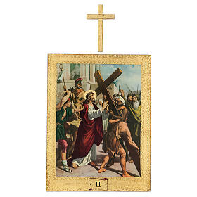 Kreuzweg, Papierdruck auf Holztafel, mit Kreuzen, 15 Stationen, 30x25 cm