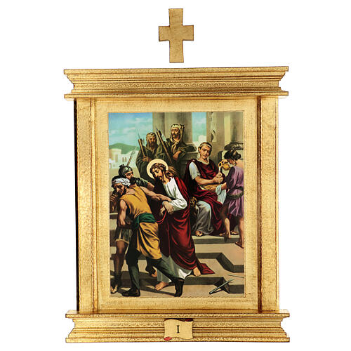 Cuadros Vía Crucis 15 estaciones 55x45 madera hoja oro 1